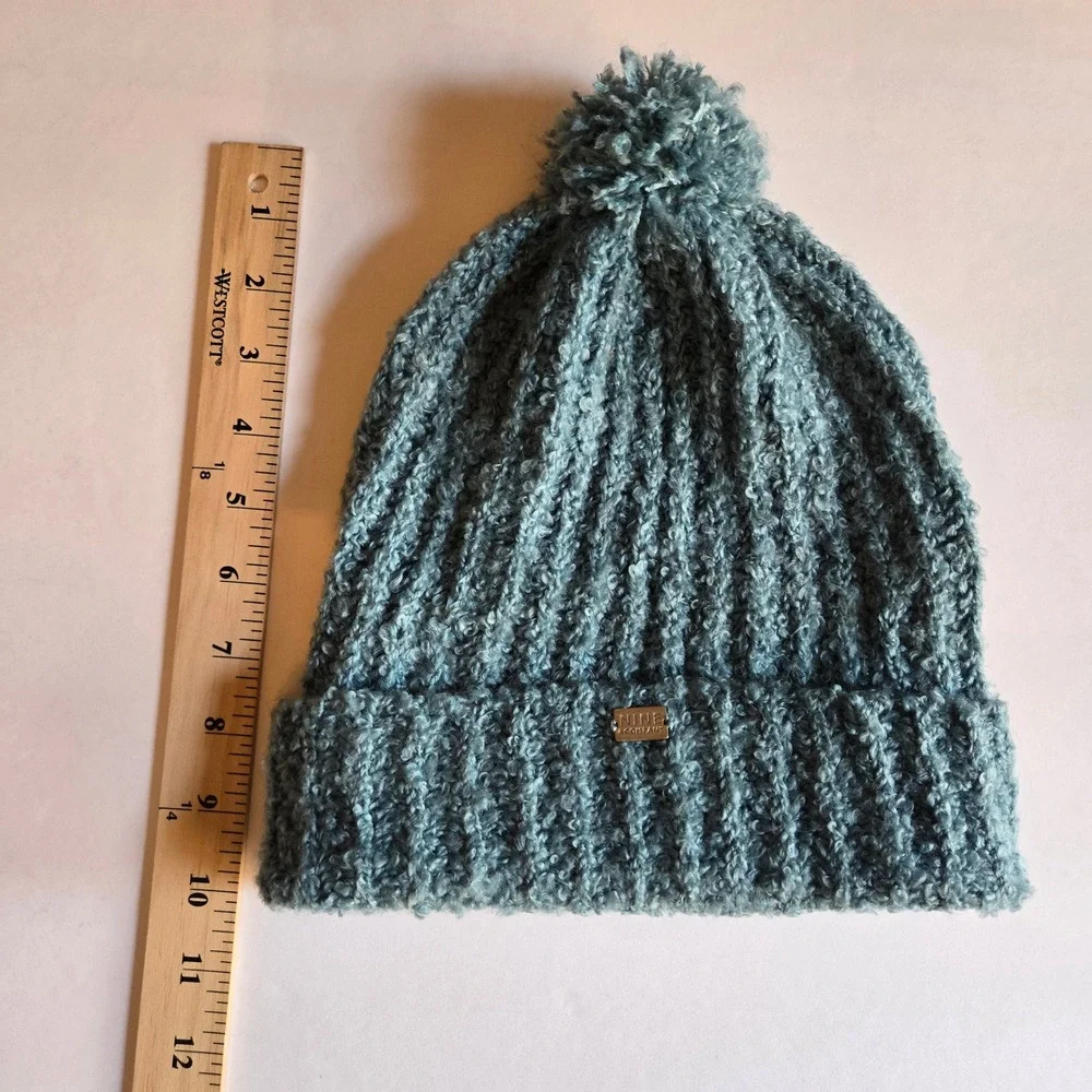 Womens Blue Boucle Knit Pom Pom Beanie Hat Ribbed Cuff Nine & Company Cute Girly